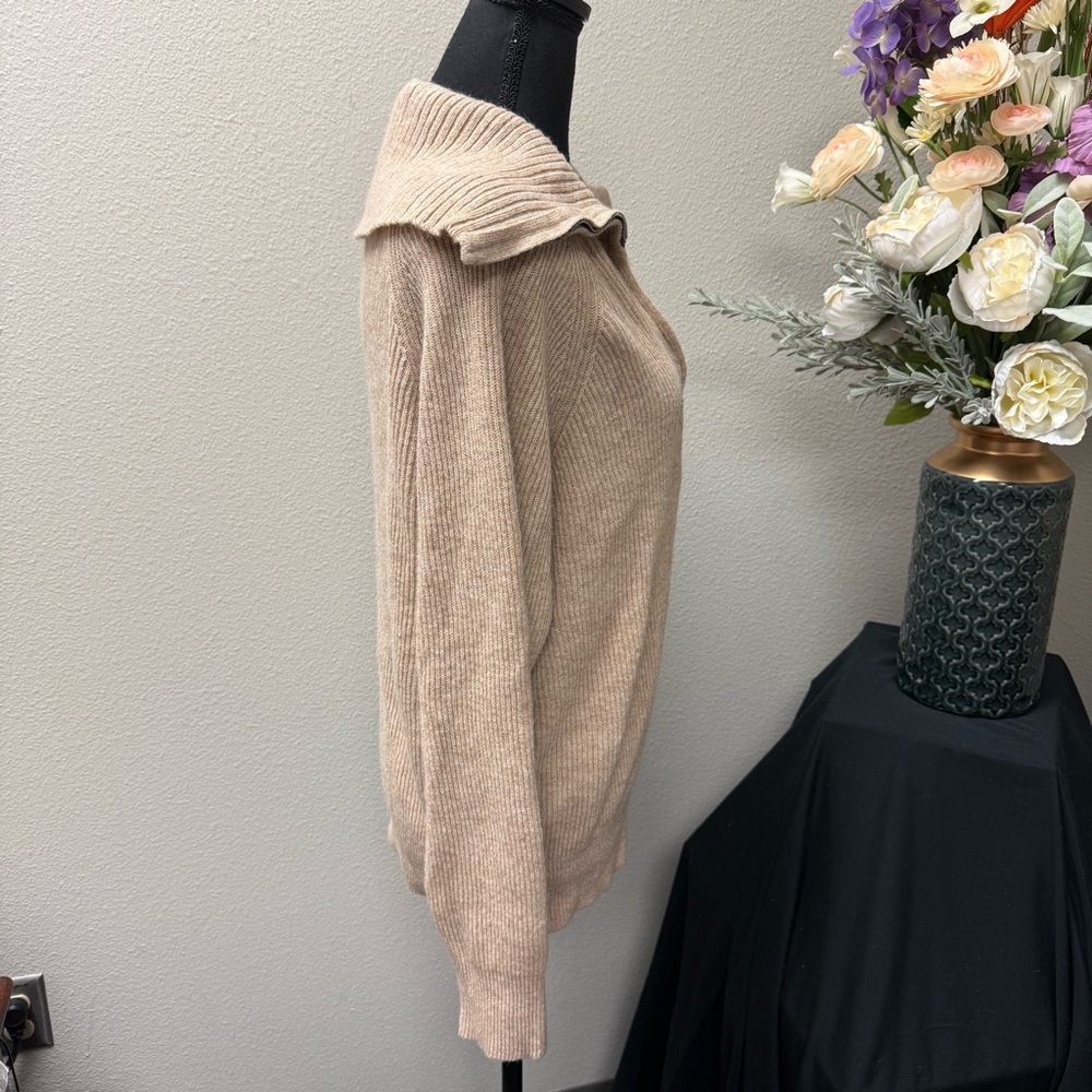 Beige Ribbed Half Zip Collared Sweater XXL | Cozy Fall Winter Knit Pullover - Picture 6 of 10